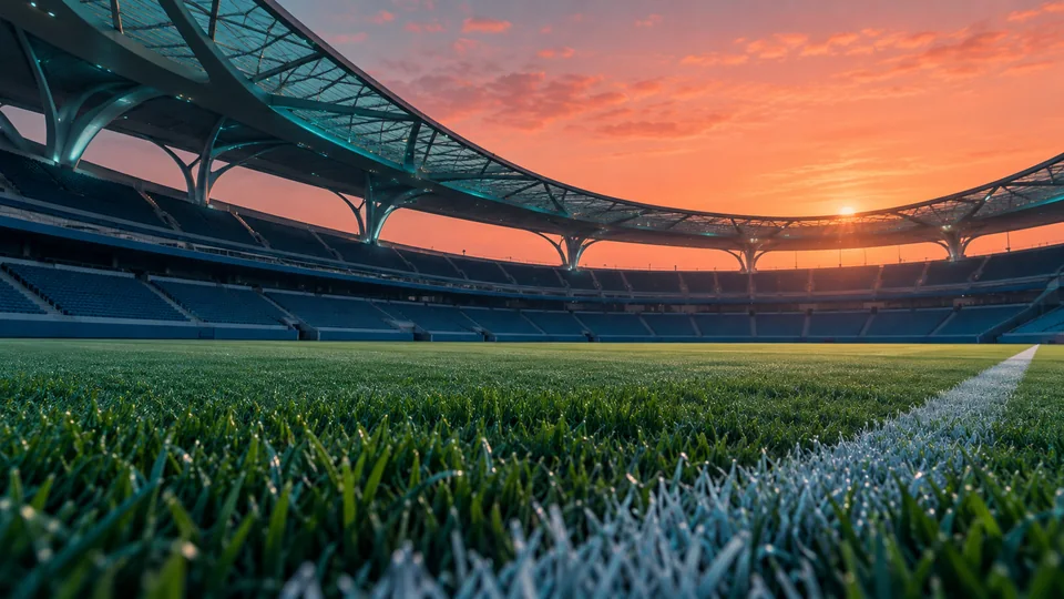 Gündoğumunda saha kenarından görülen boş hayali stadyum; temsili spor görseli